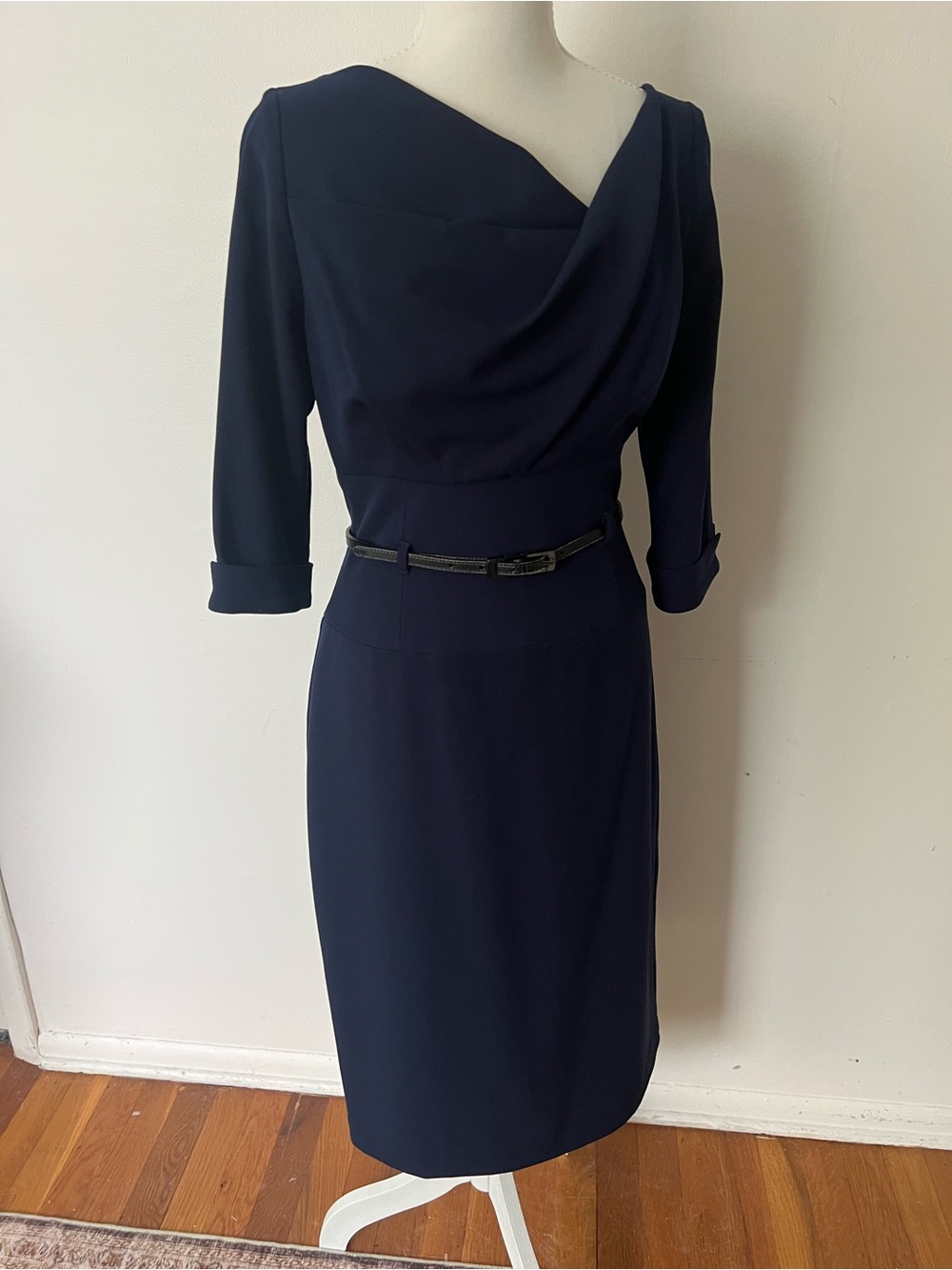 Black Halo Jackie O Navy Draped Sheath Dress, with Black Halo Belt, Size 8